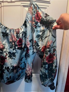 Pinup Girl Clothing Powder Blue Satin Blouse with Rose Print - “Swan”